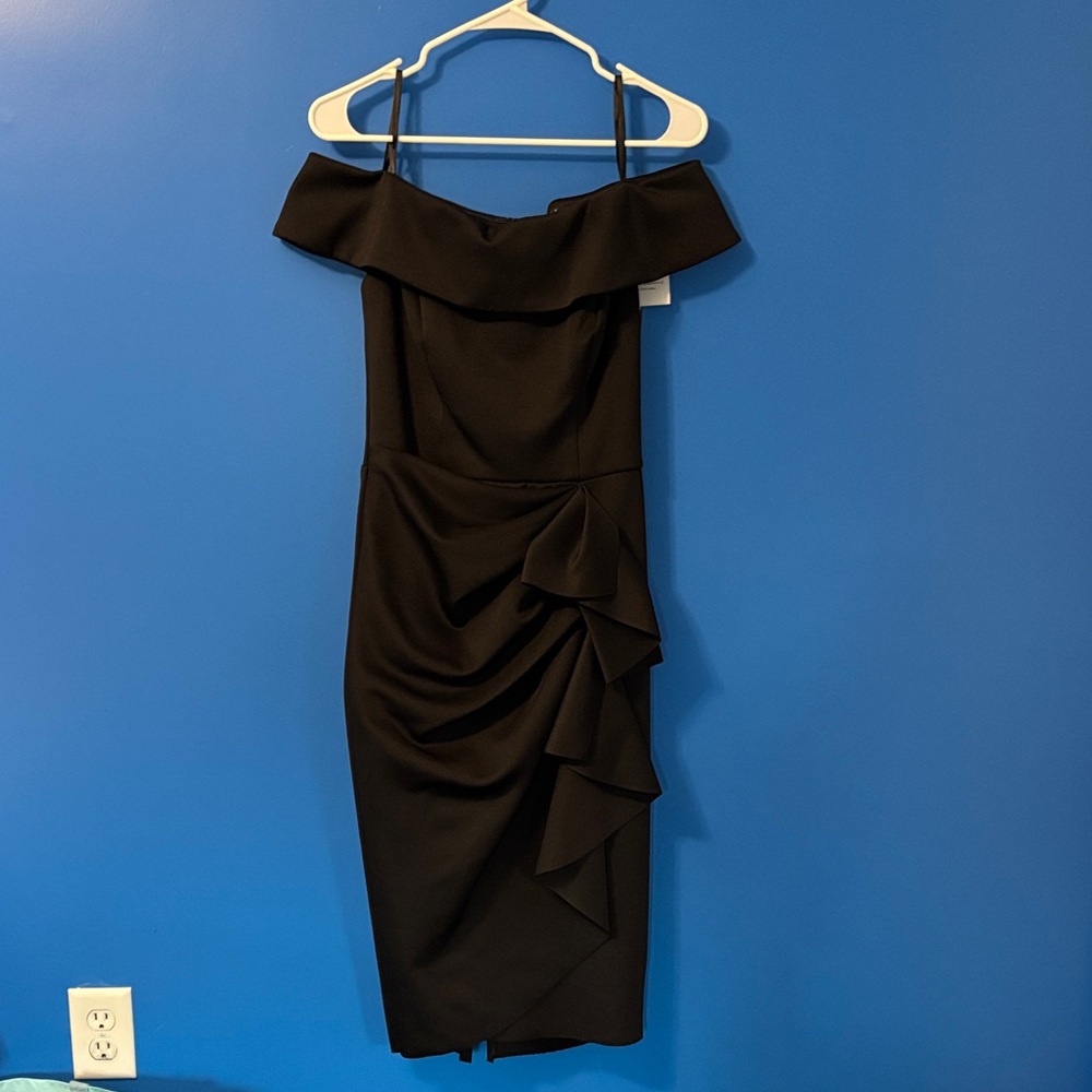 Xscape Black Strapless Dress with Ruffle Detail